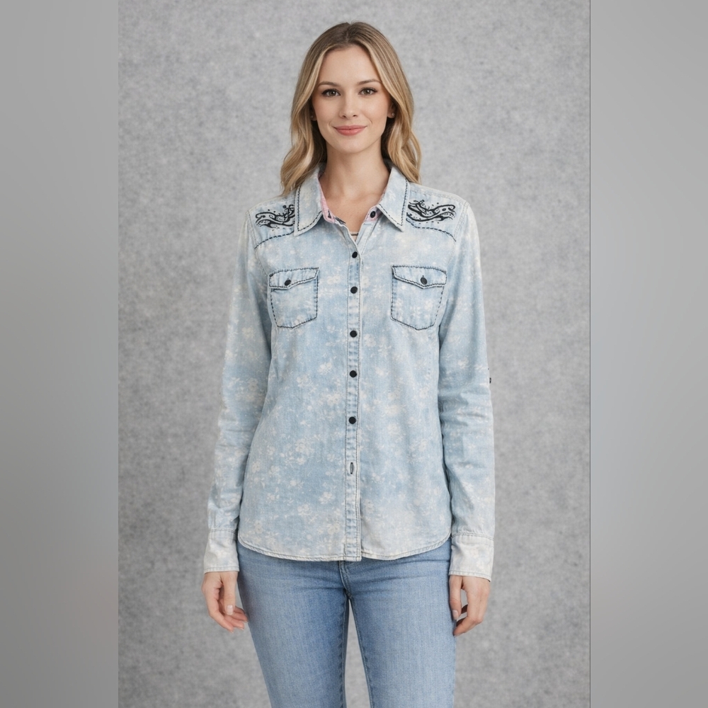 Roar Sky Blue Floral Embroidered Shirt